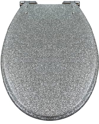 Giural Sparkly Toilet Seat Oval, 42 X 36Cm Resin Toilet Seats Soft Close, Thicken Glitter Toilet Seat Slow Close Bathroom Toilet Lid, Easy Clean & Install,Silver