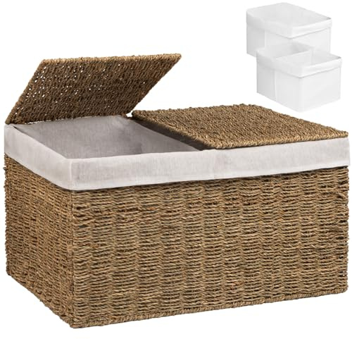 Handwoven Wicker Storage Basket with 2 Lids & Liners, Large Shelf Basket for Clothes, Toys, Blankets, Foldable Storage Trunk, Storage Bin for Living Room & Bedroom Organization, 105L Seagrass
