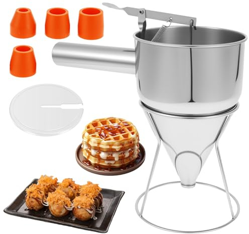 KTCINA Pancake Batter Dispenser with 4 Nozzles 40oz/1.2L Stainless Steel Funnel Cake Dispenser with Stand & Handle, Pancake Mix Dispensers for Takoyaki Cupcake, Cupcakes, Funnel Cakes, Muffins