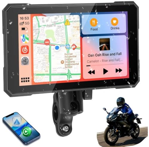 5 Pollici Navigatore Moto con Wireless CarPlay e Android Auto, Impermeabile IP67, Monitoraggio Della Pressione Dei Pneumatici, Navigazione GPS e Controllo Vocale - per Tutte le Motociclette