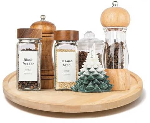 Keboyoe Drehteller Holz 360° Holztablett Rustikal Drehbar Lazy Susan 28cm | Präsentierteller aus Holz Tablett Deko Serviertablett Rund für Küche Herzstück Kerzenständer