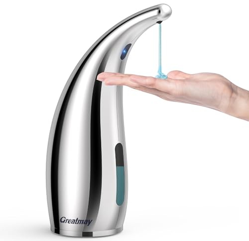 Greatmay Automatisch Seifenspender,mit 4 einstellbare Stufen,Elektrischer 300ml Berührungsloser Batteriebetriebener Seifenspender mit Sensor,IPX6 Wasserdicht für Bad,Küche (300ml Silber)