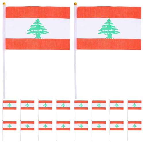 HOMSFOU Lot de 20 Petits Drapeaux Libanais en Polyester, Agités la Main avec Hampe Ronde, Taille Petite, Résistants aux Intempéries, pour Décorations Fête, Événements Sportifs