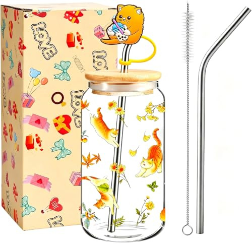 16oz Cat Cup Matcha Glass with Straw,Iced Coffee Cup Travel Gift for Women | Cute Cat Glass with Lid and Straw Topper for Drink,Coffee Matcha,Ideal Cats Gift for Women Girls Friends Lovers Daughter