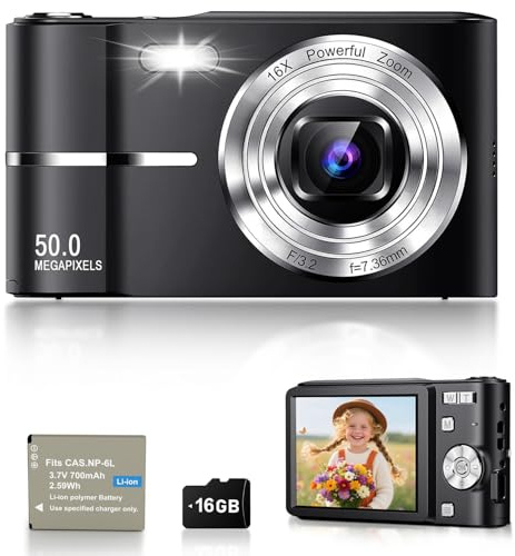 EJXHKNF Digital Camera, 1080P FHD Vlogging Camera 50MP Compact Portable Photo Camera with 2.4 Screen, 16X Digital Zoom Mini Small Pocket Camera for Kids Students with 1 Battery, 16GB Card (Black)