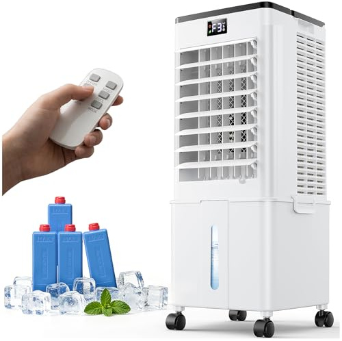 Portable Air Conditioner,4-in-1 AC Unit with 3 Speeds, 12H Timer, 60° Oscillation, 35dB Quiet, Remote Control, 10L Water Tank & 4 Ice Packs,60W Evaporative Air Cooler for Home & Office Bedroom（White）