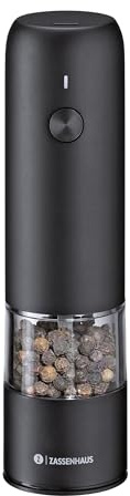 Zassenhaus Pfeffermühle KÖLN elektrisch USB, 14 cm, schwarz, stufenlos einstellbares Hochleistungskeramik-Mahlwerk, Edelstahl-Acryl-Gehäuse, wiederaufladbarer Lithium-Ionen-Akku