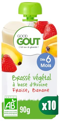 GOOD GOÛT - Brassé Végétal À Base D'Avoine - Dessert Bébé - Dès 6 Mois - Fraise, Banane - Sans Lactose Ni Protéines De Lait De Vache - Format Nomade - 10x90g (L'emballage peut varier)