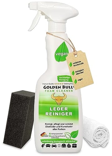 Golden Bull® Lederreiniger & Lederpflege Auto Sofa Set [STARK UND VEGAN] Leder Kunstleder Reiniger Schaum Spray 500ml, Schwamm, Tuch für Reinigung & Pflege von Ledersitz, Autositz, Ledercouch