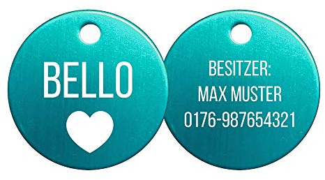 SNEG Hundemarke Rund mit beidseitiger Gravur (türkis)