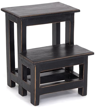 Scaletta per piante, 46 x 37 x 37 cm (altezza x larghezza x profondità), in legno vecchio, a due livelli, per fiori, rustico, supporto decorativo, fatto a mano, colore: 09 Voodoo – nero