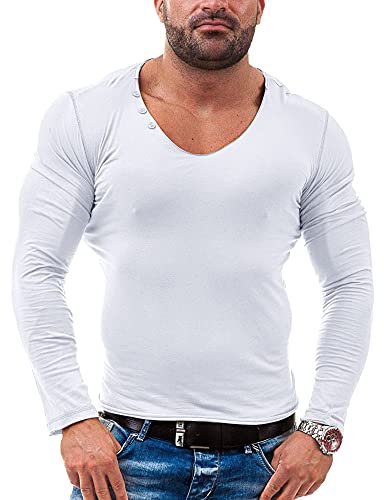 Mens Long Sleeve Henleys T-Shirts Buttons Placket Plain Cotton Shirts Cotton T1302 White XL