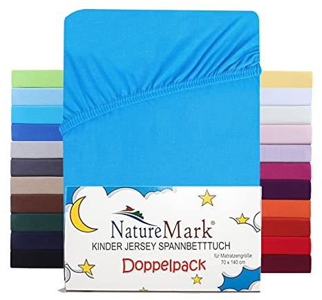 NatureMark 2er Set Kinder Spannbettlaken Jersey, Spannbetttuch 100% Baumwolle, für Babybett und Kinderbett | 70x140 cm - Türkis