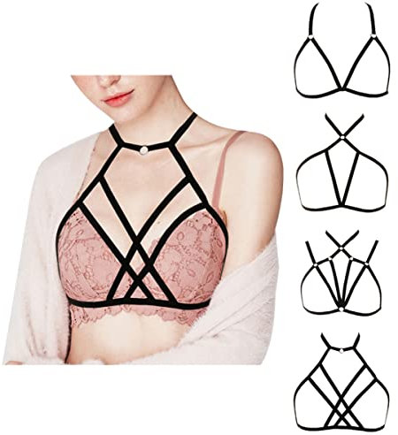 VicSec Women Sexy Harness Strappy Hollow Out Bra, Elastic Cage Bralette Cupless Body Lingerie, Punk Gothic Alluring Adjustable Halter Belt Crop Top Bralet for Ladies Festival Club Party Wear