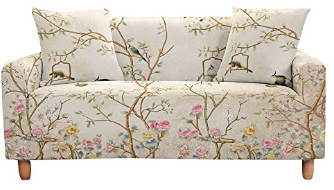 Highdi Vogel Blume Muster Sofabezug Sofaüberwürfe für 1/2/3/4 Sitzer, Armlehnen Sofa Cover Elastisch Stretch Antirutsch Sofa Cover Sofahusse Couchbezug Möbelschutz (Beige,4 Sitzer)