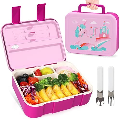 Lehoo Castle Brotdose Kinder Mit 5 Fächern 2 Besteck, 1250ML Lunchbox Schule Auslaufsichere, Bento Box Mädchen, Mikrowellengeeignet, mit Tragegriff/Saucenglas/Löffel & Gabel (Rosa Einhorn)
