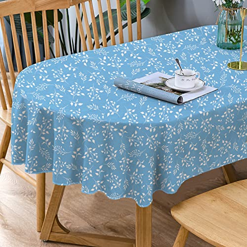 Blue Oval Tablecloth - Flower Print Blue Leaf Tablecloth, Indoor/Outdoor Waterproof Wrinkle Free Durable for Oval Tables 60 X 84 Inch
