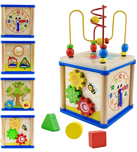 Surplex Motorikwürfel Perlen Labyrinth, 5-in-1 SpielCenter Aktivität Würfel für Baby Lernspielzeug ab 12 Monate, Achterbahn Beads Maze Babys Montessori-Spielzeug, Geschenke für Mädchen & Jungen