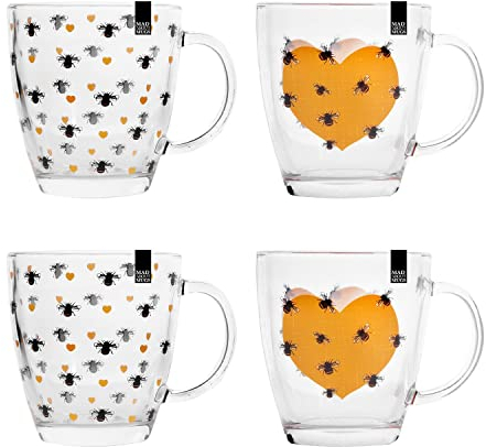 YöL Set of 4 Mugs Heart And Bee Clear Glass Coffee Mug Tea Cups Latte Glasses Hot Chocolate Kitchen Office Traditional Bees
