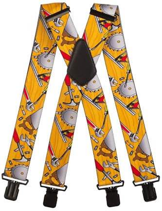 Olata Hosenträger mit Werkzeug-Muster – Robuste, Verstellbare X- und Y-Form, 5 cm Breit, Ideal für Arbeit und Alltag. Gelb, X-Form (Schwarz Clips) - 5 cm
