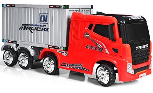 COSTWAY Kids Electric Ride on Car, 12V Battery Powered Semi-Truck with Storage Container, Remote Control, MP3, USB, Lights, 8 Wheels Vehicle Toy Cars for 3+ Years (Red)