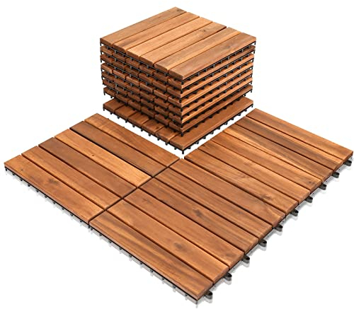 Cecaylie Lote de 33 baldosas de madera de acacia, 6 láminas de madera, 30 x 30 cm, 3 m², para balcón, jardín y terraza, se colocan de forma sencilla, rápida y práctica