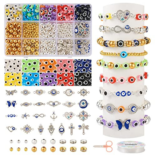 Beadthoven 628pcs Evil Eye Resin Beads with Cross Heart Helm Infinity Starfish Rhinestone Evil Eye Charms Links Iron Round Beads for Bracelet Necklace Jewelry Making