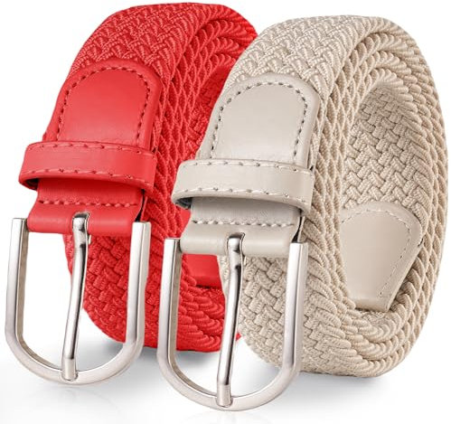 TANGCHAO 2 Stücke Stoffgürtel Stretchgürtel Elastik Flechtgürtel Geflochtener und Elastischer Dehnbarer Gürtel für Damen und Herren Breite 3.3cm Rot+Beige 130cm