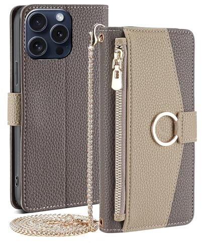 CasurvivePro Custodia a portafoglio per iPhone 13 Pro Max con tracolla a tracolla, custodia magnetica per borsa con cerniera custodia in pelle PU flip antiurto con cavalletto - grigio