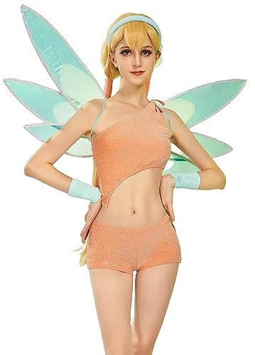 Winx Club Damen Stella Cosplay Feenkostüm Outfit One-Shoulder-Top und Shorts mit einem Paar Flügel