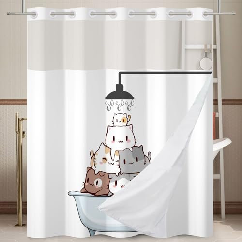 Ttincceer Rideau de Douche Chat pour Enfants de Dessin animé sans Crochets Mignons Chats dans la Baignoire Rideaux-de Salle de Bain avec Doublure à Pression 180 x 188 cm imperméable