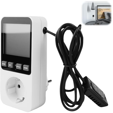 Delamiya Termostato igrostato digitale 230 V, termostato con sonda LCD, temperatura e umidità, termostato per serra, acquario, terrario