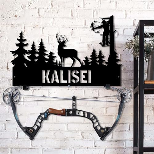 Personalisiertes Metall-Rack mit Hirschschädel und Hirschkopf, Wandkunst, Jagd, Bogenschießen, stehendes Display, Bogenständer, Jagdgeschenk, für Jäger, Vater, Opa, Hirsch, Jagd, Bogenhalter