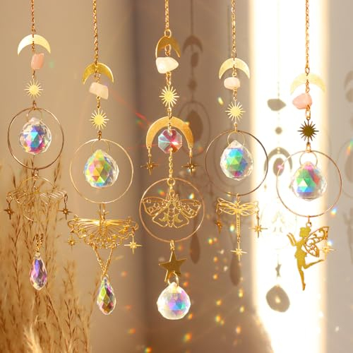 Acchiappasole Cristallo,5 Pezzi Crystal Suncatcher,Appendere Vetro Acchiappa Sole,Cristalli Per Finestre da Appendere,Pendenti Prismi Cristallo,Sun Catcher,per Casa Giardino Finestra.