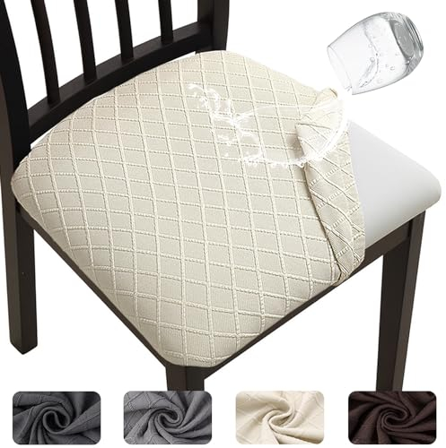 Meision Esszimmerstuhl Sitzbezüge TPU-Laminierung Wasserdicht 4er Set, Stretch Stuhlhussen Abnehmbare Waschbar, Esszimmerstuhl Sitzkissen Hussen für Küche, Esszimmer, Hotel, Hochzeit, Beige