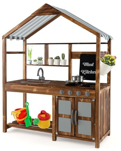 COSTWAY Mud Kitchen, Wooden Kids Toy Kitchen with Canopy, Chalkboard, Flower Pots, Removable Sink, Outdoor Pretend Kitchen Playset for Boys Girls Ages 3-7