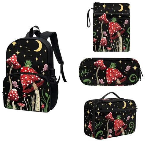COEQINE Set di 4 pezzi zaino per ragazzi e ragazze, borsa per libri da 17 pollici e maniche per libri, portapranzo, astuccio isolante, Fungo rosso rana carino luna stelle floreale