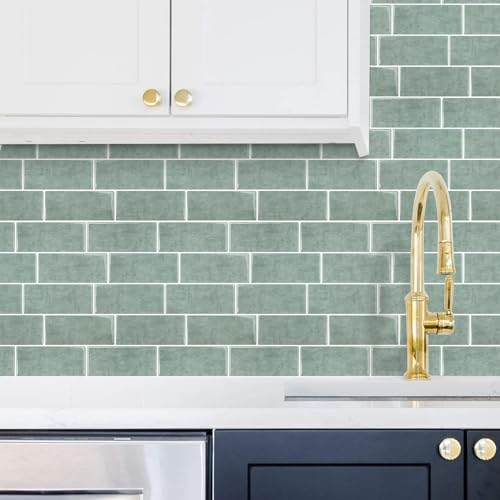 Alwayspon 10 fogli di piastrelle adesive da parete in vinile 3D color verde salvia, autoadesive, impermeabili, paraspruzzi adesivi per cucina, bagno, parete