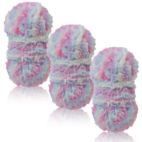 LEREATI Plüschwolle 3 x 100g Fransengarn Weiche Flauschige Wolle Dicke Plush Yarn Fluffy Yarn Fransenwolle zum Häkeln & Stricken Tasche, Hüte, Decken, Pelziges Objekt (Bunt)