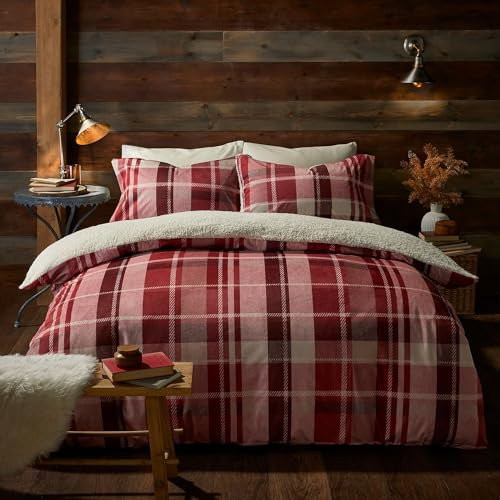 Fusion - Housse de Couette en Polaire à Carreaux Rouges - Parure de lit Super King Size (260 x 220 cm) - Design réversible - Tartan Rouge - Parure de lit en Flanelle Rouge avec Couette en Polaire -