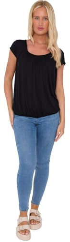 Women’s Plain Gypsy Scoop Neck Elastic Waist Top Cap Sleeve Vest Ladies Loose Fit Top Gathered Pleated Blouse Shirts Elasticated Stretch Summer Black 12-14