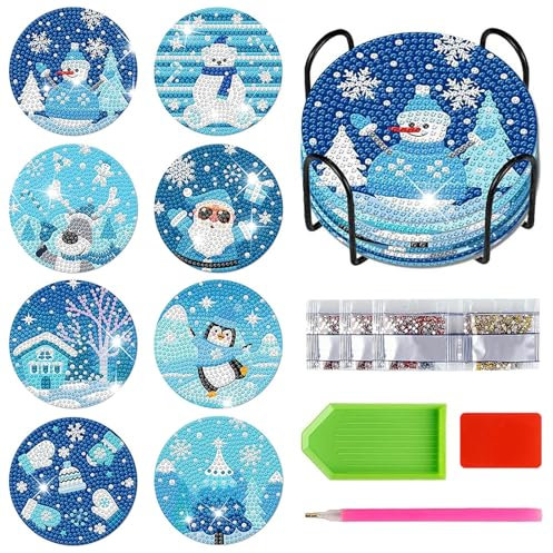 FYting 8 Stück Diamond Painting Untersetzer,Diamond Painting Erwachsene mit Untersetzer Halter,DIY Eis und Schneekönigreich Untersetzer,Weihnachtsmann, Elch, Pinguin, Schneemann, Weihnachten(Blau)