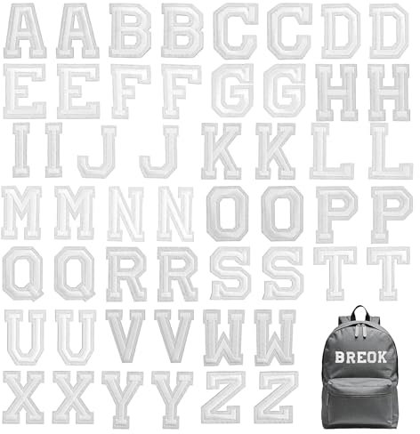 52Pcs Iron On Letters Iron On Letter Patches A-Z Patch Iron On Letters for Fabric Sew On Embroidered Applique Iron On Letters for Clothing Shirts Baseball Football Jeans Hat DIY Accessories(White)