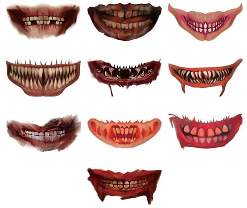 10Pcs Halloween Scary Big Mouth Temporary Tattoo Stickers Horror Realistic Fake Bloody Wound Stitch Waterproof Tattoo Sticker for Halloween Zombie Vampire Masquerade party Prank Makeup Props