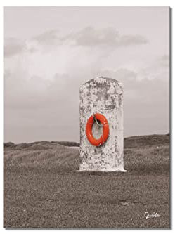 Glücksvilla - Roter Rettungsring - div. Maße (Leinwand-Bild 2 cm, 40 x 60 cm) aus DE - Kunstdruck XXL Deko-Wandbild hoch - Frankreich Atlantik Meer Küste Strand Felsen