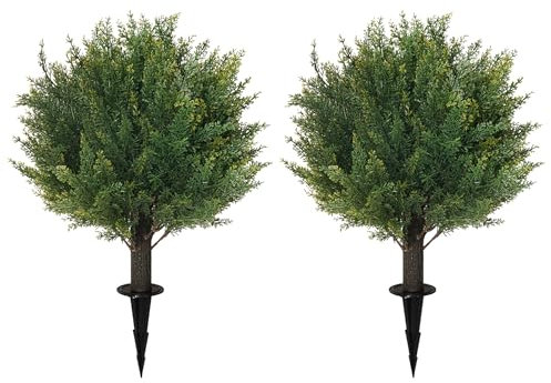 Künstliche Zedernholz-Formschnitt-Kugeln mit Erdspieß, UV-beständige künstliche Sträucher, Set mit 2 künstlichen Zypressen, künstliche Sträucher für den Innen- und Außenbereich, Veranda, Garten, 40,6