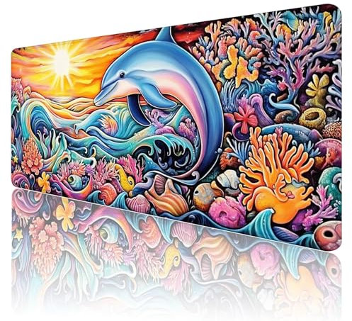 Tapis de Souris Dauphin Tapis de Souris Gamer XXL 1200x600x3mm ImperméAble Et AntidéRapant Mousepad Bords Cousus Une éTendu SousMains Tapis Souris pour Gamer, Pc et DéCoration de Bureau R24