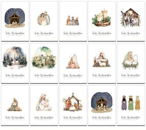 30 religiöse christliche Weihnachtskarten mit 15 verschiedenen Motiven und 30 braune Kraftpapierumschläge aus Recyclingpapier