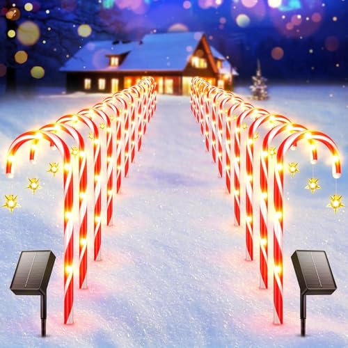 RECHOO 2X12 Pack Zuckerstangen Weihnachtsdeko Aussen, 144LED Solarlampen für Außen Garten Mit 8 Modi, IP65 Wasserdicht Solar Weihnachtsbeleuchtung Außen für Rasen Terrasse Garten