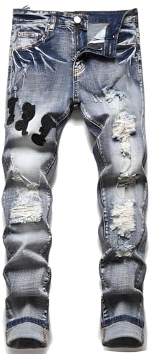 Kdtoll Herren Jeans, Y2K Slim Fit Stretch Denim mit Rissen, Zerrissene Destroyed Jeanshose im Hip Hop Cowboy Style, Regular Straight Fit, Modisch und Vielseitig für Streetwear & Freizeit